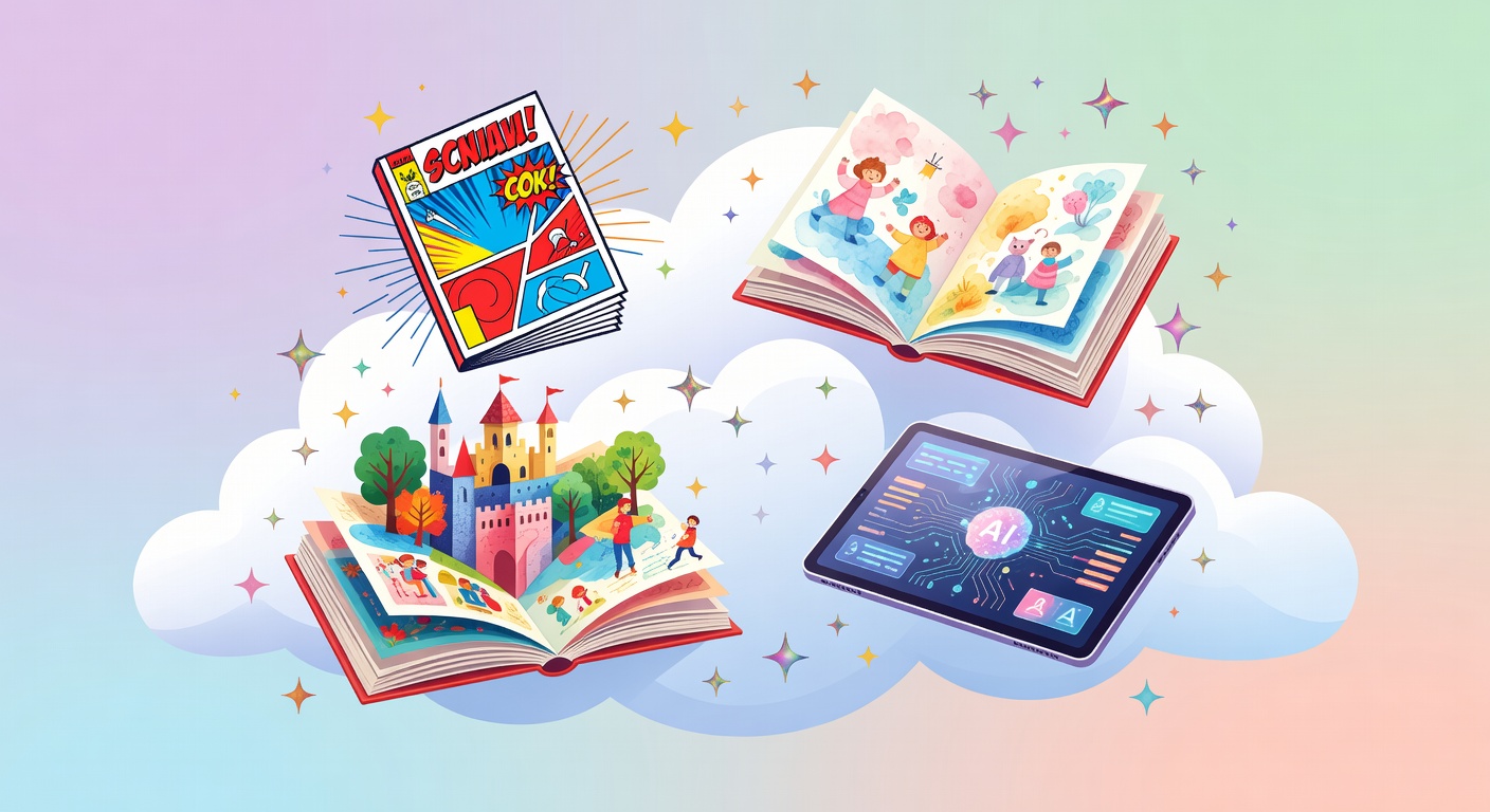Colorful illustration of different storybook styles floating in a magical cloud