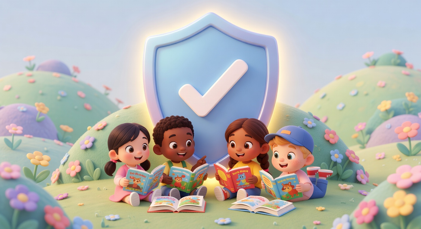 Cheerful illustration of a shield protecting children reading storybooks