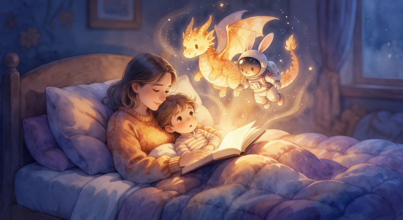 Watercolor illustration of parent and child reading a glowing storybook at bedtime